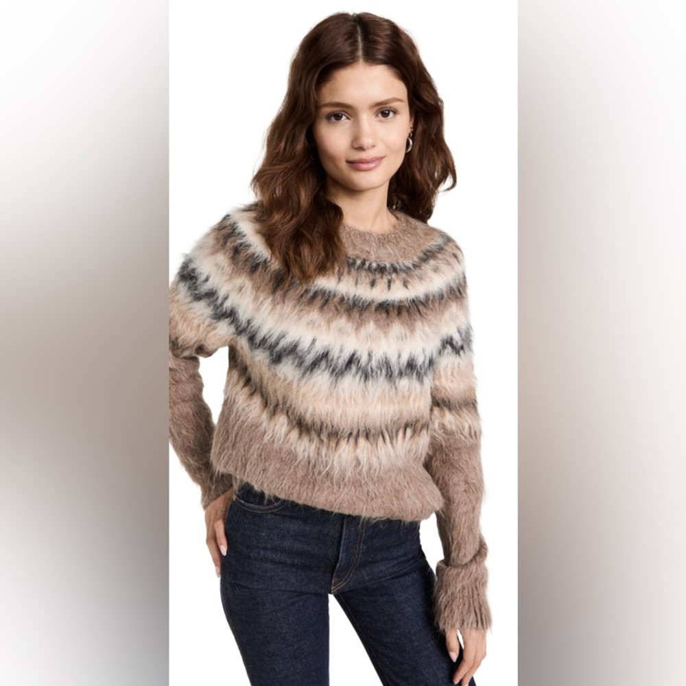Brochu Walker Arla Brushed Fair Isle Alpaca Sweater Beige Gray Size Small